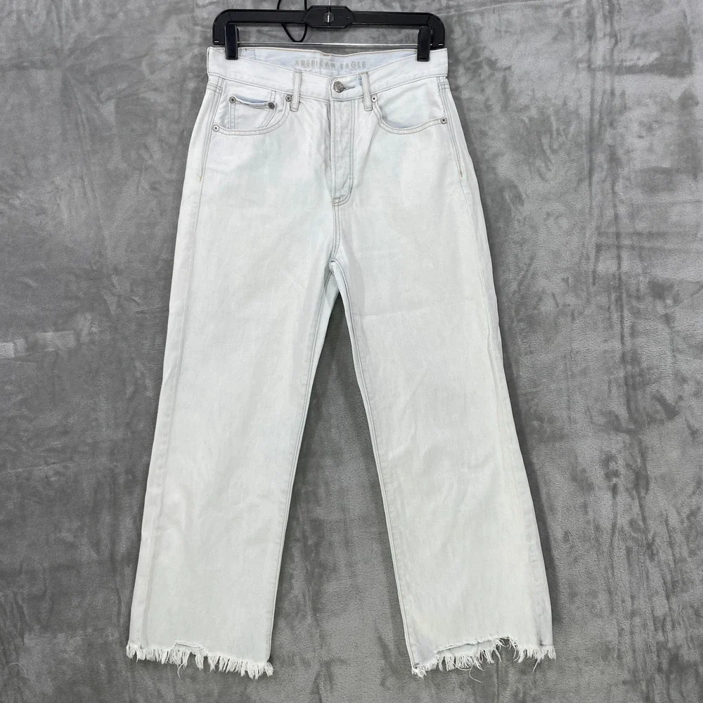 American‎ Eagle Women's 4 L Blue Wide Leg Crop Baggy  Raw Hem Jeans Light Wash